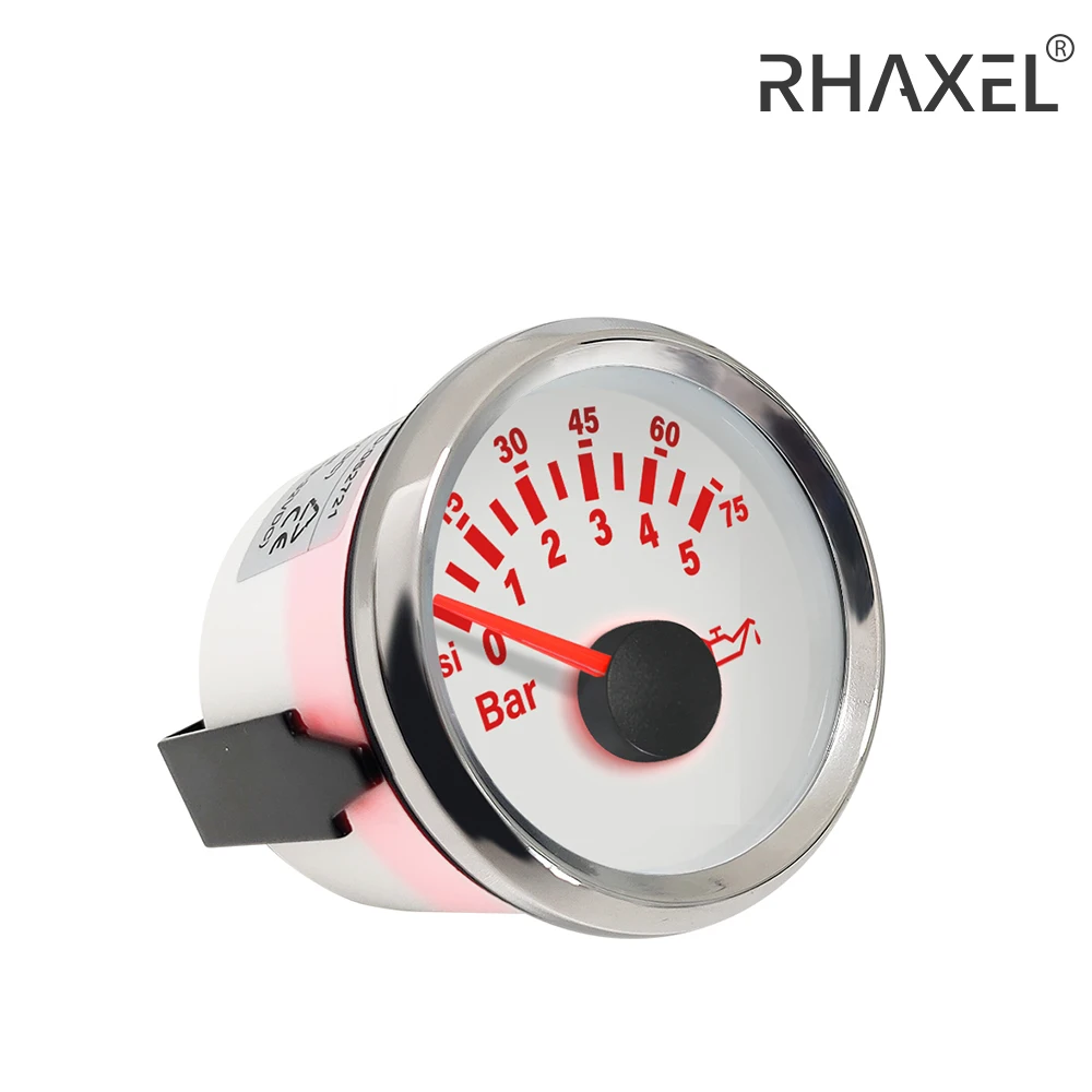 RHAXEL Universal 52mm 0-5bar 0-75PSI 0-10Bar 0-145Psi Oil Pressure Gauge Meter for Car Boat Motorcycle with Red Backlight 9-32V