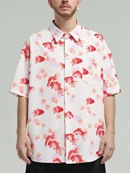 Oversized Loose Gold Fish Print Short Sleeve Shirt Men Loose Casual Shirts for Summer Hawaiian Clothing Streetwear
