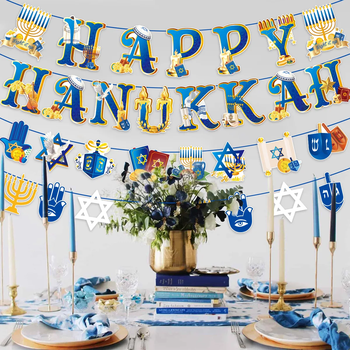 Hanukkah Theme Cartoon Paper Card Pull Flag Banner Festival Layout Party Decor Supplies for Jewish Happy Hanukkah Flag Banner