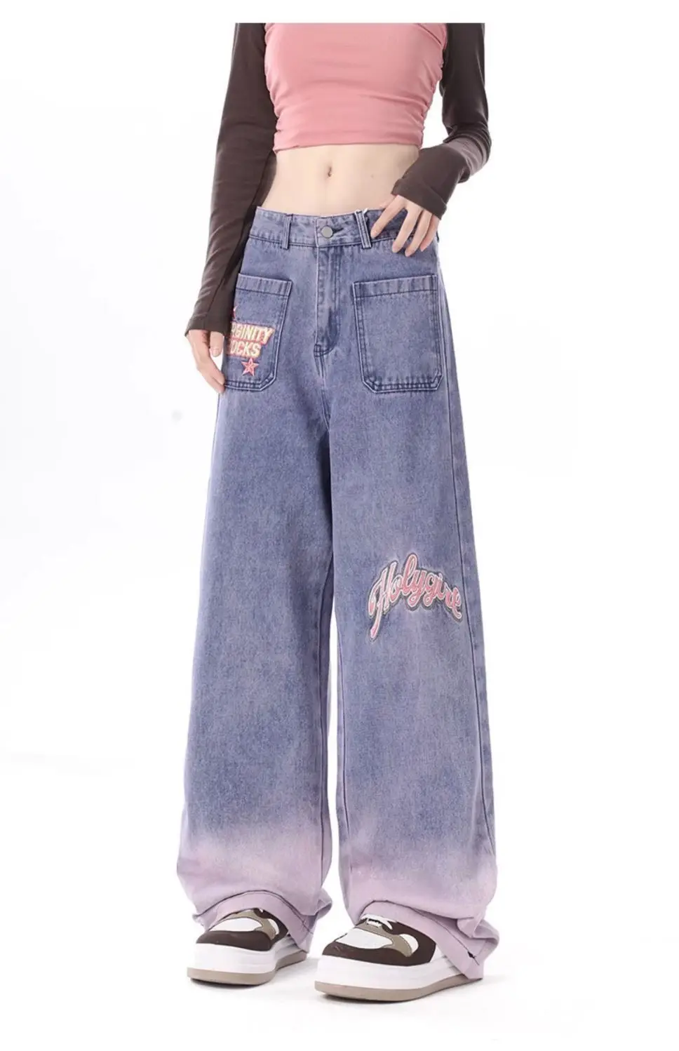 High-Waisted Gradient Purple Embroidered Denim Wide-Leg Pants For Women, Beautiful Loose Korean Style Retro Niche Casual Pants