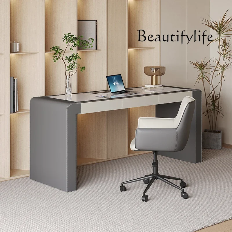 N49 Modern Minimalist Slate Desk Home Study Solid Wood Desk Premium Saddle Leather Computer Desk