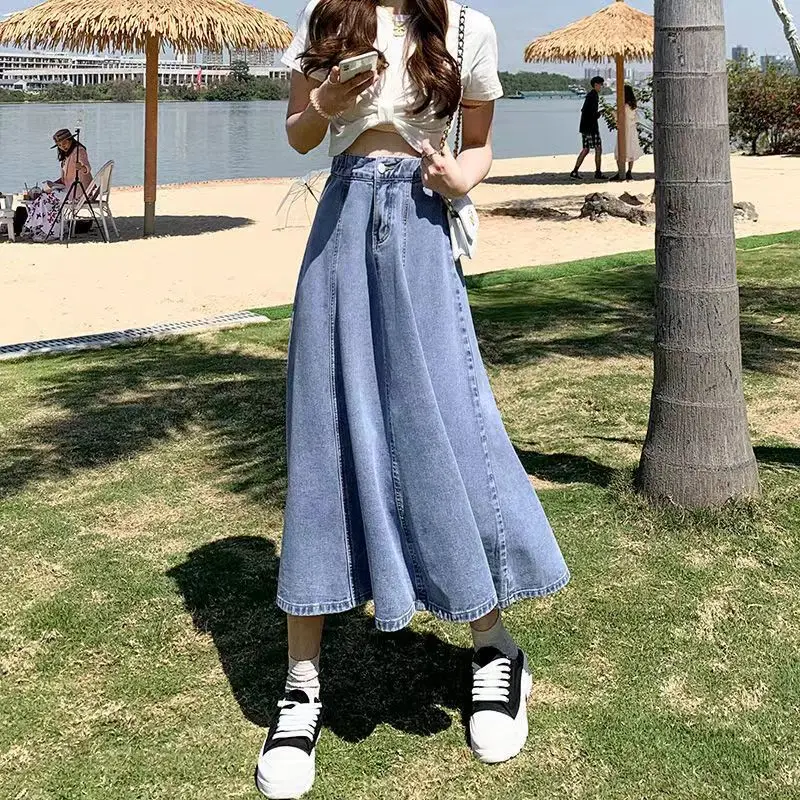 

Lucyever Korean Style High Waist Long Skirts for Women Fashion 2023 Summer Thin A-Line Denim Skirt Women's All-Match Midi Skirts