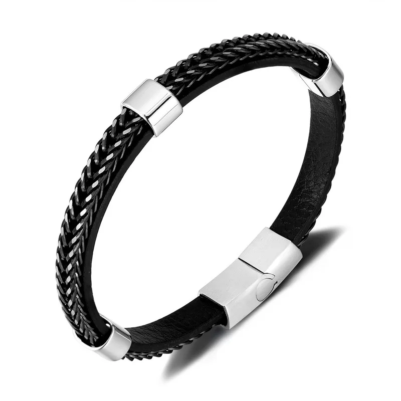 Black Leather Rope Cowhide Mens Double Layer Stainless Steel Genuine Leather Bracelet Handmade Multi Layer Leather Bangle