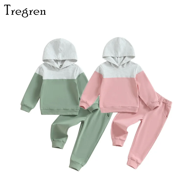 

Tregren 2-6Y Toddler Boys Girls Clothes Sets Kids Long Sleeve Contrast Color Hooded Sweatshirt Hoodie Solid Pants Tracksuits