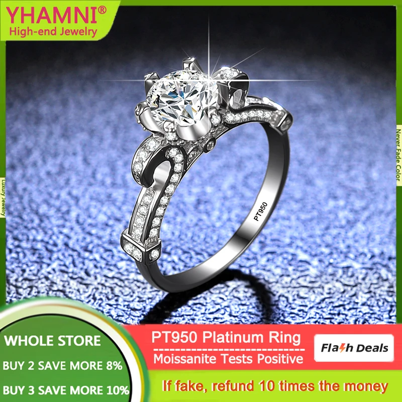 

YHAMNI Original PT950 Platinum Rings VVS 1 Carat D Color Moissanite Diamond Engagement Rings For Women Wedding Band Fine Jewelry