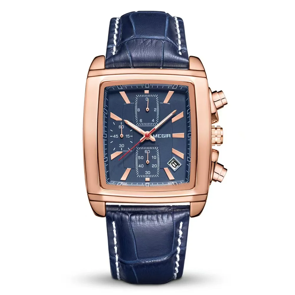 MEGIR 2028 Men Quartz Watch Fashion Light Retro Multifunctional Chronograph Square Leather Strap Wristwatch 30M Waterproof Lumin