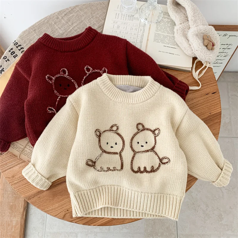 2024 winter children girls sweater thicken plus velvet cartoon dogs toddler girls pullovers knitted round collar kids girls tops