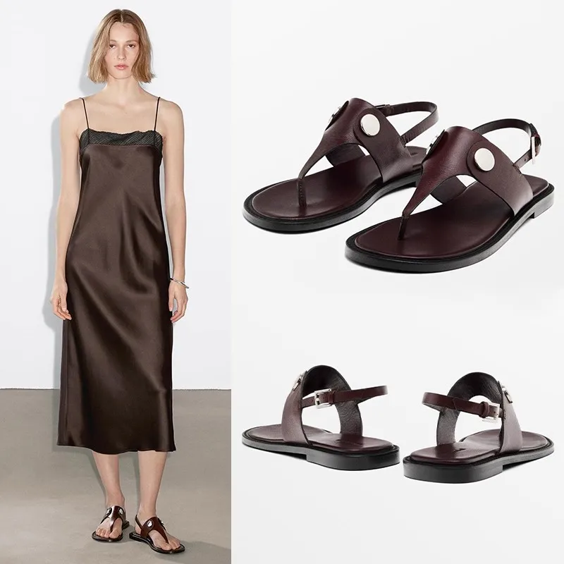 

French Vacation Sandals For Women Genuine Leather Flat With Buckle Bling Versatile Comfortable Minimalist Good Summer Beach Shoe