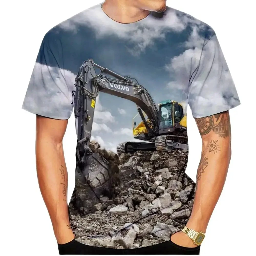 Men's Engineering Car Excavator Pattern T-Shirt Fashion 3d Printed O Collar Short Sleeve Fun Comfortable Top 5XL