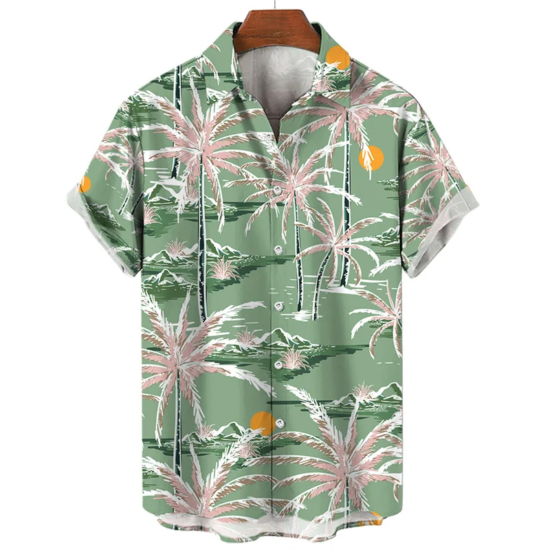 Camisa havaiana masculina com estampa 3D palmeira, tops de manga curta, blusa de lapela grande, roupa de rua, verão fresco