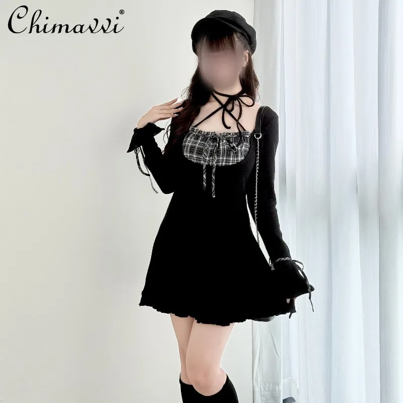 

Original Japanese Mass-Produced Plaid Knitted Patchwork Short Dress Autumn New Fashion Long Sleeve Slim Elegant Lolita Dress