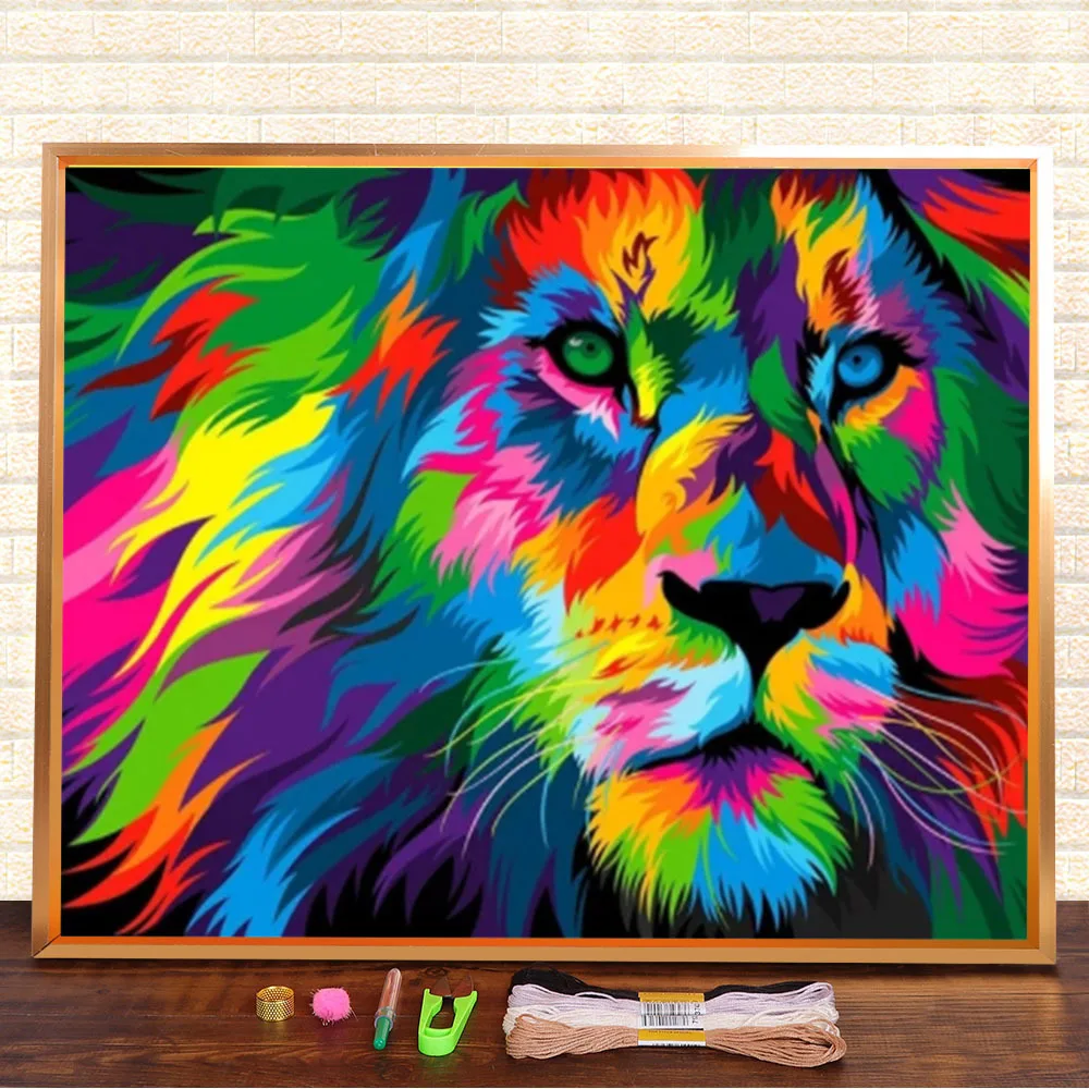 Animal Lion Cat Monkey Pre-Printed 11CT Cross-Stitch Kit Embroidery DMC Threads Handmade Sewing Handiwork Knitting   Needle