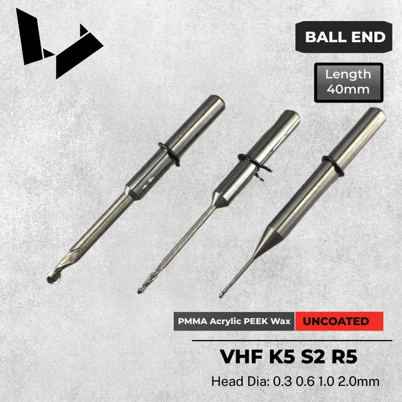 U030-R2-40 P100-R1-40 P200-R1-40 P250-F1-40 Single Tooth Radius Cutter 40mm WAX PMMA Milling Burs VHF Compatible