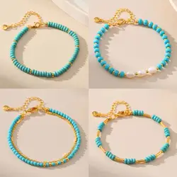 Vintage 18K Gold Plated Turquoise Freshwater Pearl Bracelet Women Long Colorfast Ethnic Handmade Beaded Chain Boho Party Jewelry