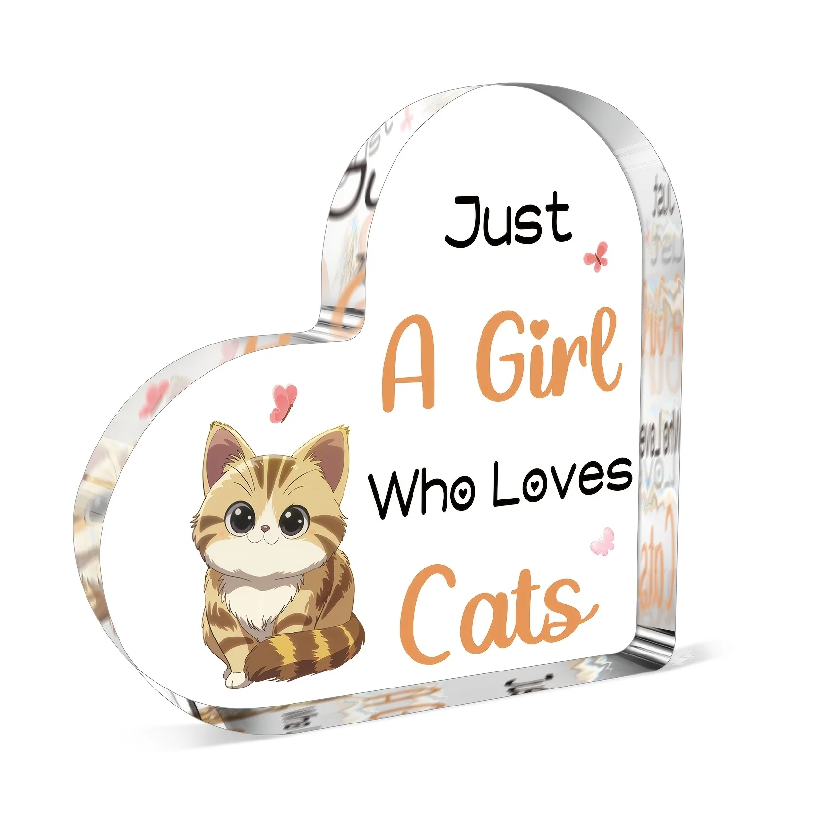 Adorable Cartoon Tabby Cat Heart Acrylic Stand, Cat‑Loving Girl Sweet Keepsake Gift Cat Lover Quote Clear Heart Acrylic Sign, Pink Butterfly Accent Kids Desktop Shelf Ornament