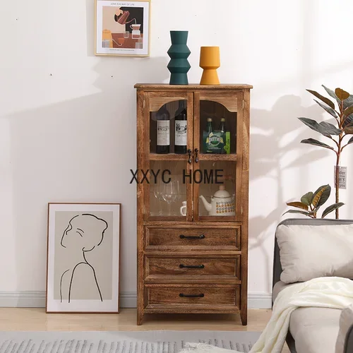 Solid Wood American Style Living Room Meal Side Liquor Cabinet Chinese Style Retro Storage Wall Storage Display Showcase
