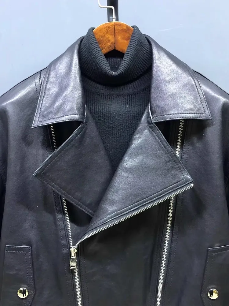 女性のファッションクラシックダブルジッパーターンダウン襟リアルシープスキンジャケット春秋ハイストリート本革アウター