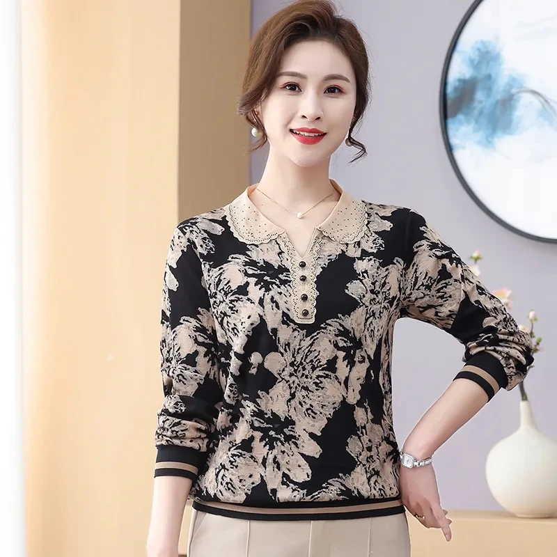 Middle Aged Mother Laper T-Shirts Spring Autumn Fashion Printed Long Sleeve Tops Loose Casual Shirts Women Tees Tshirt L-4XL