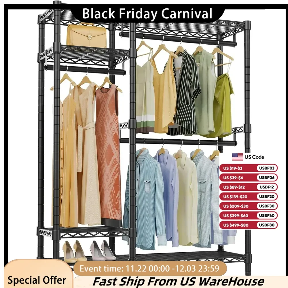 Garment Rack Tiers Adjustable Wire Shelving Clothing Racks with 3 Hanging Rods, Load 800LBS, Freestanding Closet Metal Wardrobe