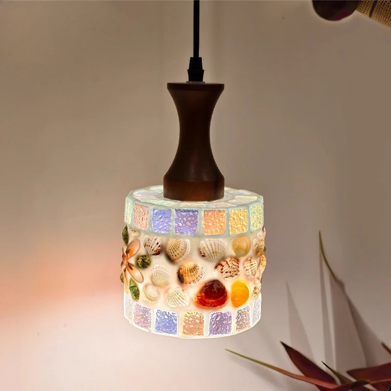Moden Creative Shell Glass Ceiling Pendant Light Wooden LED Hanging Lamp Living Room Bedroom Restaurant Kitchen Resin Chandelier