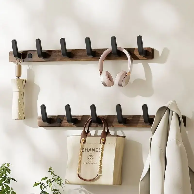 Walnut Coat Rack Solid Wood Hooks Key Bag Extended Storage Hanger for Entrance Door Hallway Wall