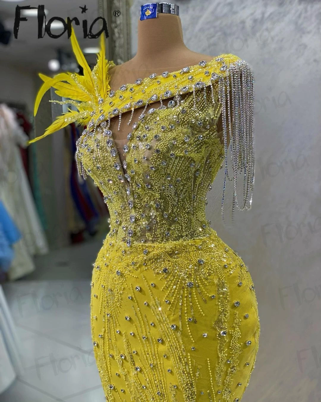 Superbe robe de soirée sirène en fibre jaune pour femme, entièrement perlée à la main, plume Citro2023, fête de mariage, quoi que ce soit