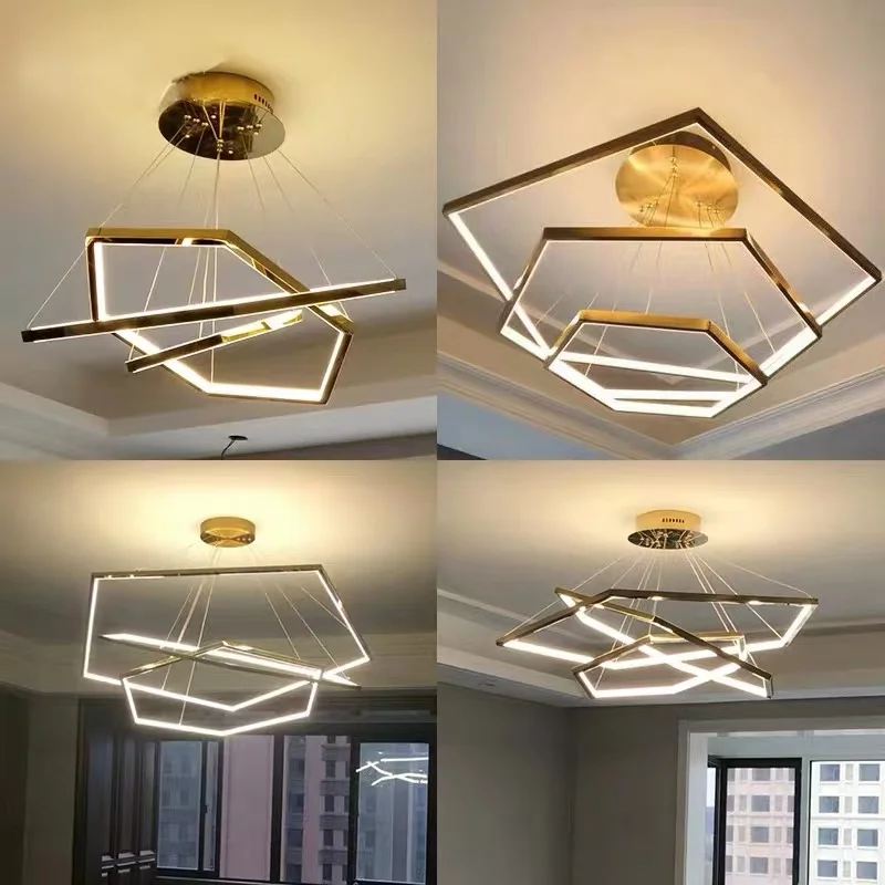 Stainless Steel LED Pendant Light Modern LED Pendant Light Creative Hexagon Simple Design Line Art Living Room Dining Room Light