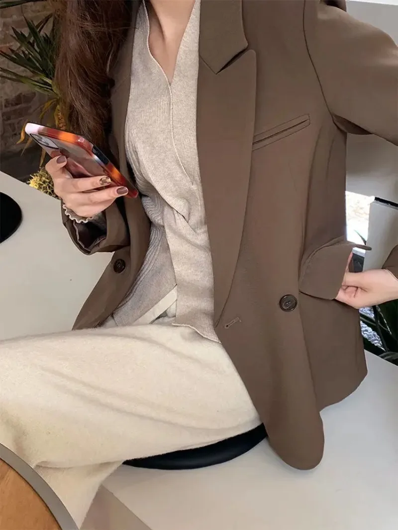 Insozkdg Brown Women Suit Jacket 2024 New Spring Autumn Korean-style All-match Niche Design Casual Mid-length Office Lady Blazer