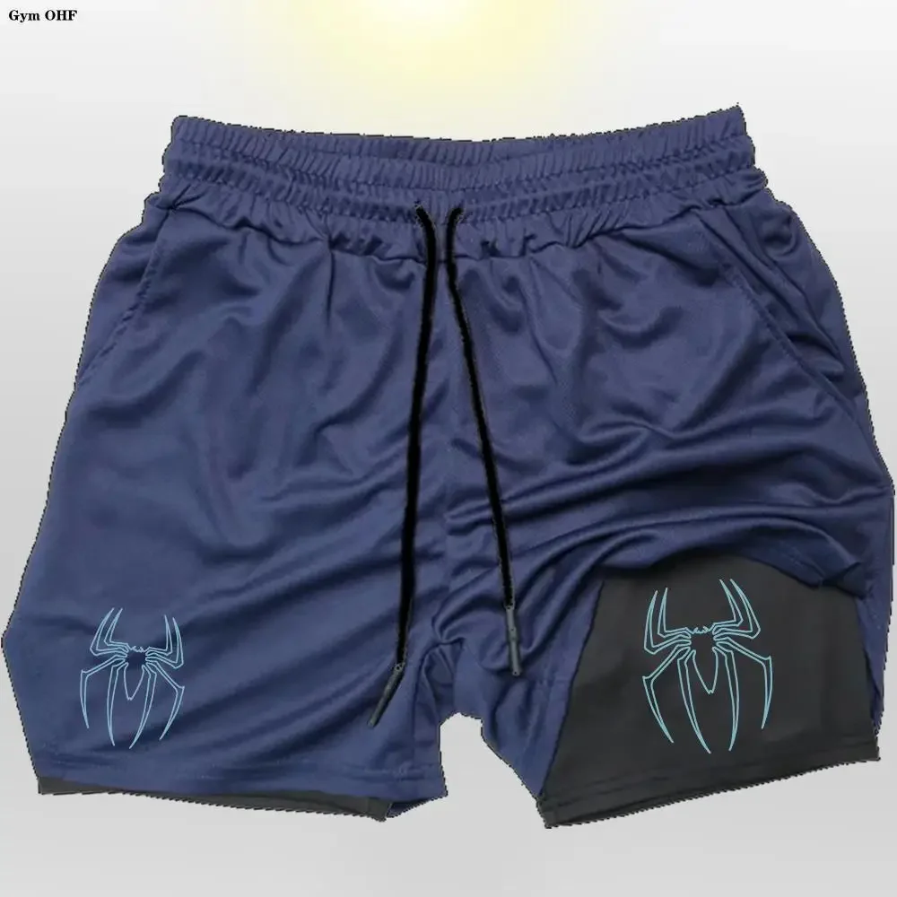 Spider Running Shorts Men Gym Sports 2 In 1 Quick Dry Workout Training Fitness Jogging Short Pants Summer