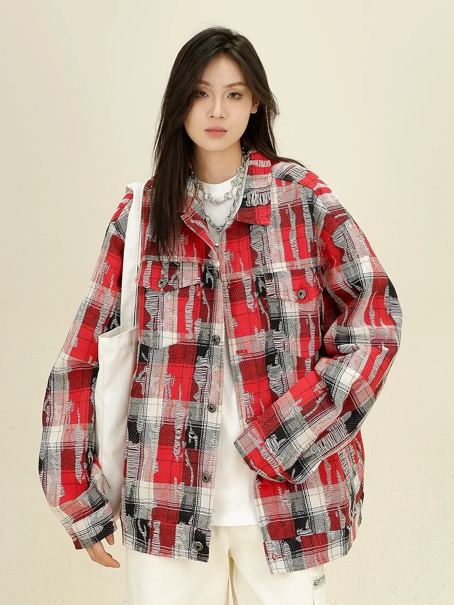 Frayed Plaid Long-sleeved Shirts Women's 2024 Autumn New Loose Bf American College Style Couple Top