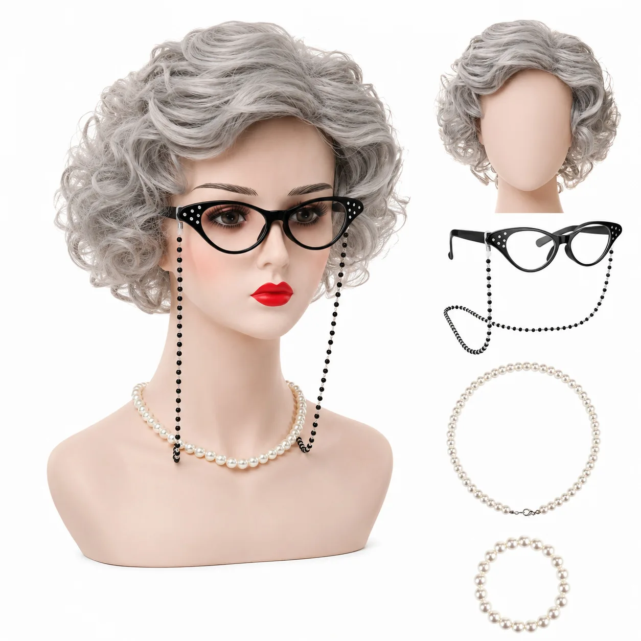 Disfraz de Cosplay para Niños, Conjunto de Accesorios de Disfraz de Abuela, Peluca Corta Rizada Gris, Gafas de Ojo de Gato con Cadena, Collar de Perlas, Pulsera
