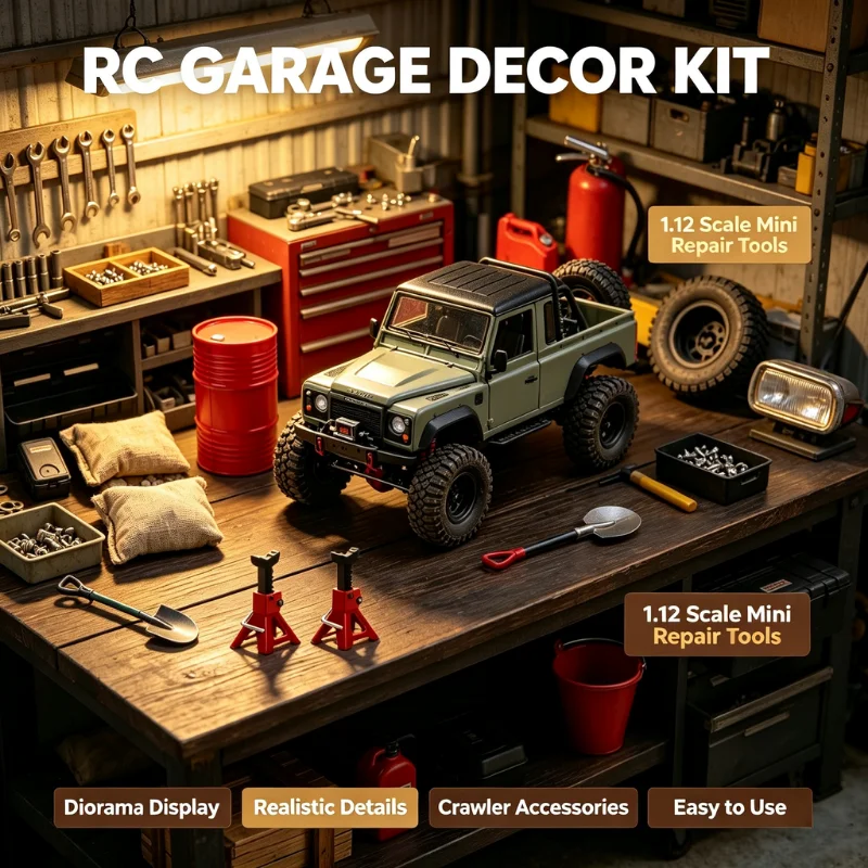 1/8 1/10 RC Crawler Diorama Kit, Garage Workshop Accessories, Fuel Drum, Toolbox, Jack & Shovel for RC Offroad Truck