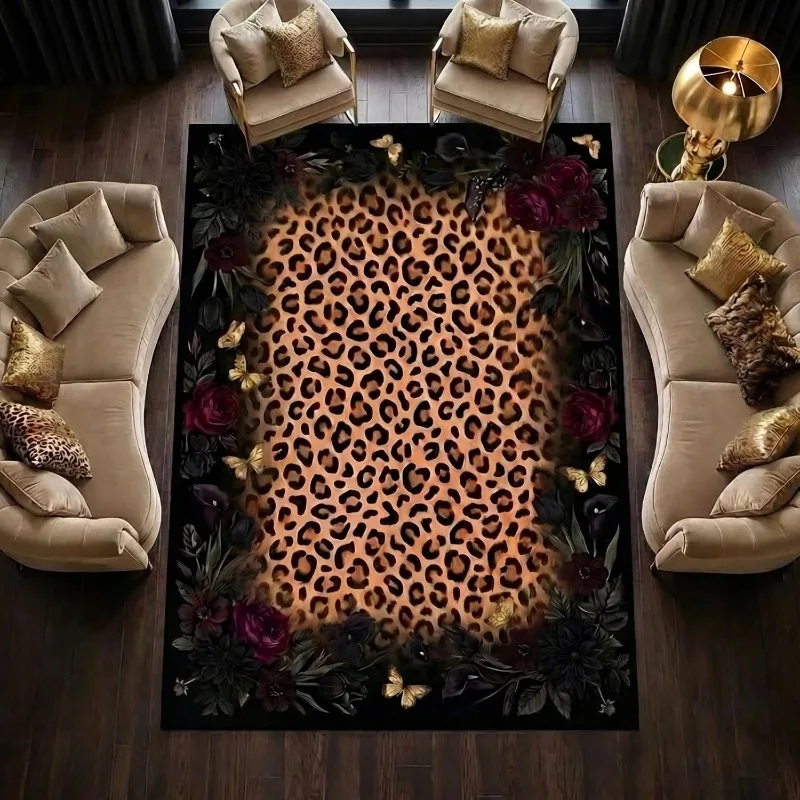 American‑Style Black‑Pink Leopard Floral Large Area Rug Vintage Rose & Butterfly Pattern Carpet for Living Room Home Decor Mat