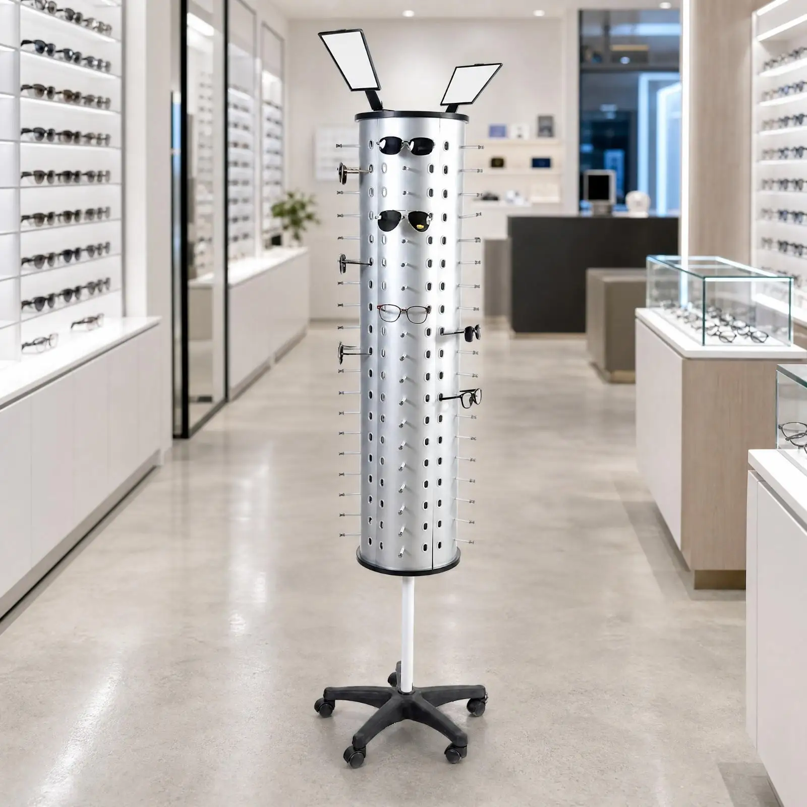 Spinning Glasses Display Stand with Metal Pegs and Mirror Panels for Optical Counter Organizer