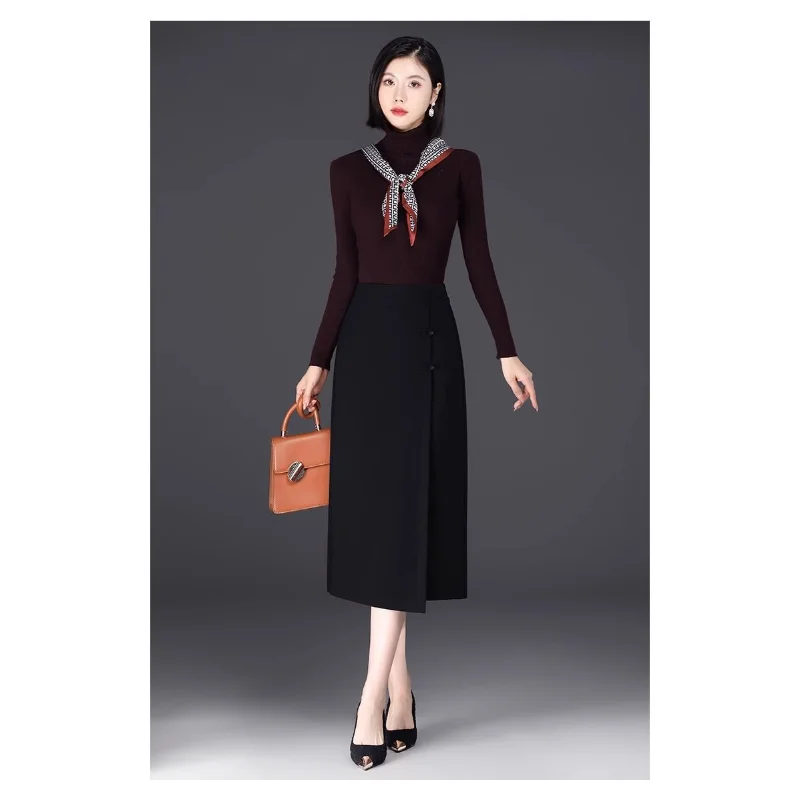 앵커 레드 뉴 스타일 레트로 디스크 버클 슬릿 하이웨이스트 슬림 템퍼먼트 스트레이트 미디 길이 하이엔드 스커트