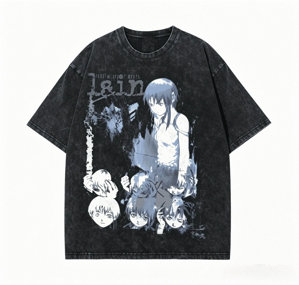 Serial Experiments Lain Graphic T-shirt Vintage Washed Anime Merch Harajuku Unisex Oversized Crew Neck Cotton Short Sleeve Tops