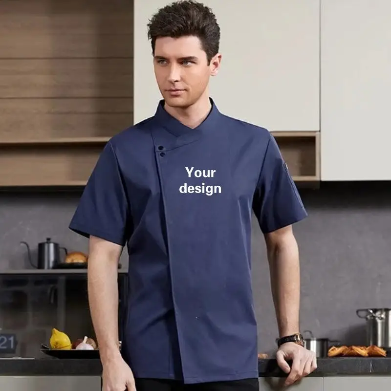 Men's Chef Uniform Jacket Restaurant Kitchen Ice Silk Short Sleeve Cooking Work Clothes Print LOGO Pastry Baker Professional Top