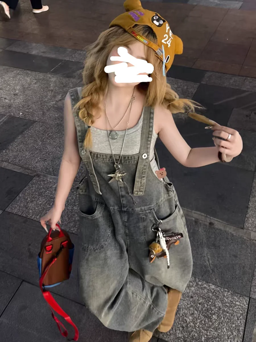 

Summer 2026 Women's High Waist Loose Fit Denim Overalls Washed Casual Fashionable Versatile Strap Skirt Casual Workwear
