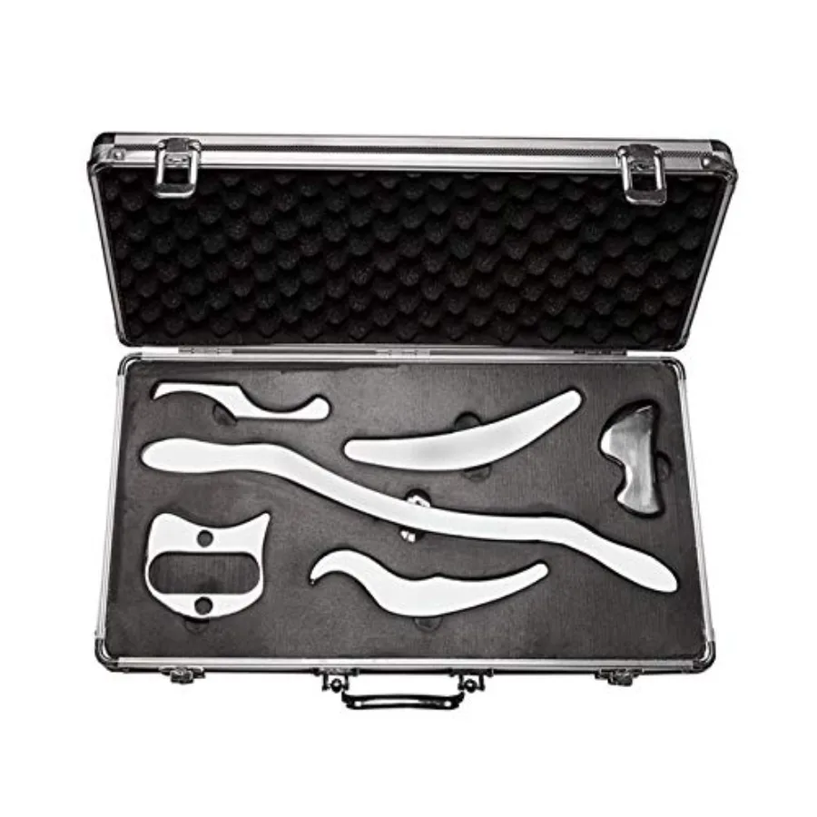 

Набор инструментов для массажа Гуаша из нержавеющей стали для мобилизации мягких тканей, инструменты IASTM, 6 предметов, серебристый цвет, с гладкими краями