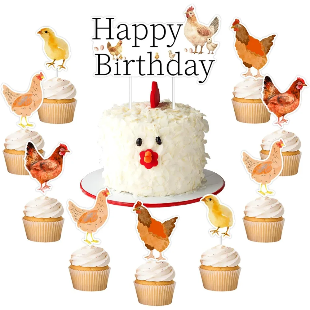 Cheereveal 13Pcs Chicken Cake Toppers Hen Themed and Cupcake Toppers Farm Animal Barnyard Birthday Cake Decor for Boys Girls