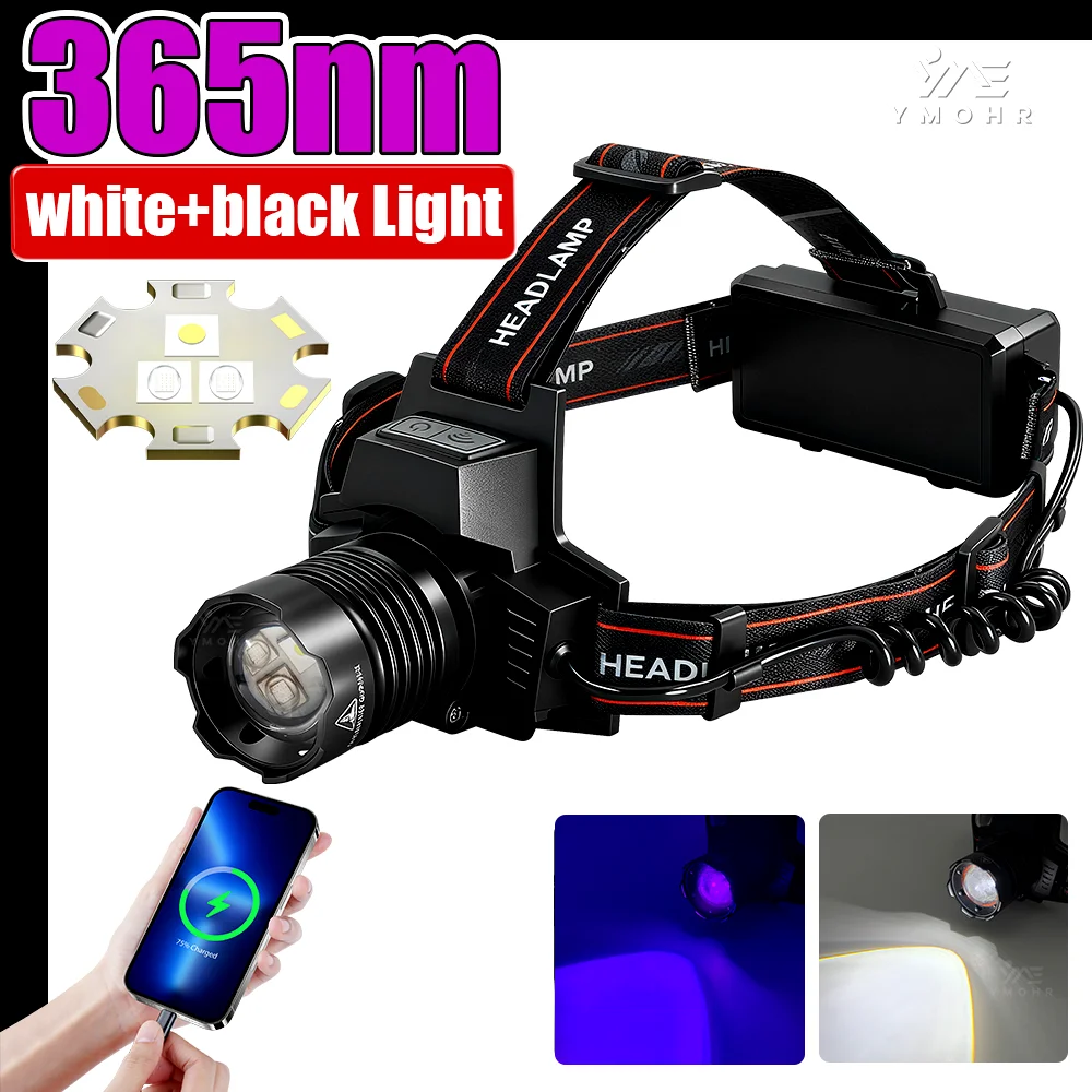 

Ультрафиолетовая налобная лампа 365 нм, черный свет, перезаряжаемая от 18650, Power Bank, для поиска утечек, скорпионов и ремонта