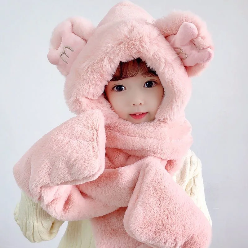 Gorro con orejeras de oso lindo de invierno para niños pequeños con bufanda y guantes Gorro para niños a prueba de viento con forro polar 3 en 1, unisex