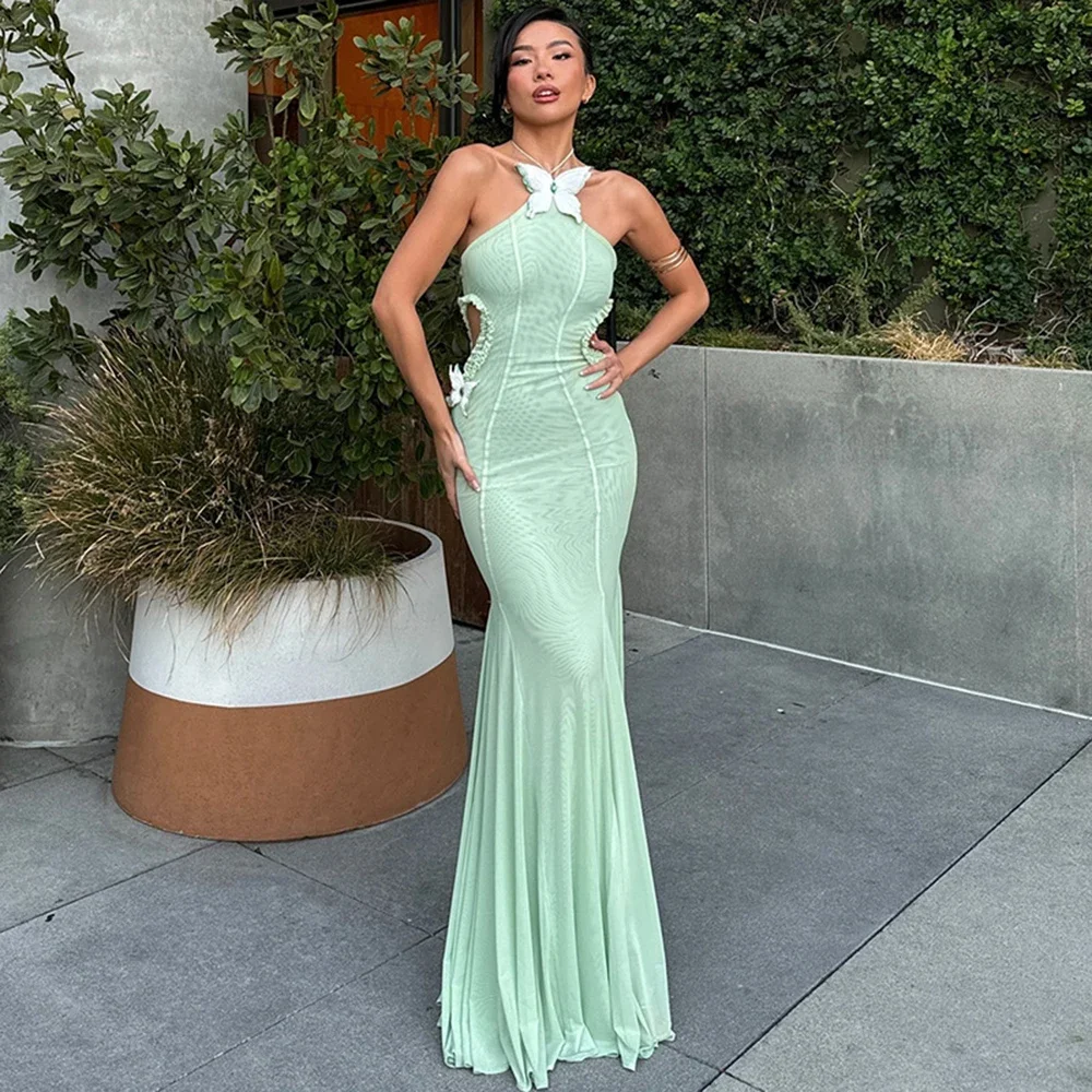 

FDEY Butterfly Applique Halterneck Cut-out Maxi Dress Cut-out at the Waist Backless Stylish Elegant Dress
