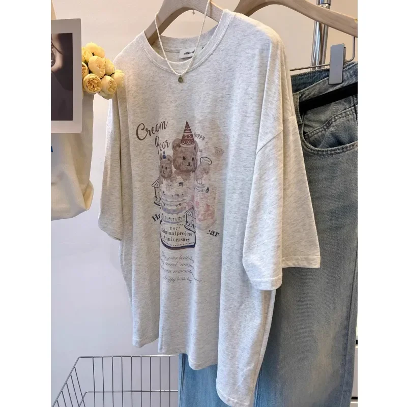 Women's Cute Bear Print Short Sleeve T-Shirt Retro Loose Casual Summer Tee