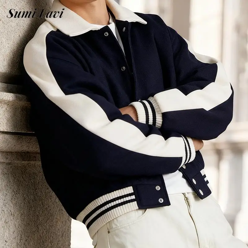 

New Casual Mens Outerwear Fall Winter Fashionable Contrast Color Striped Jackets For Men Daily Leisure Button Lapel Jacket Coat