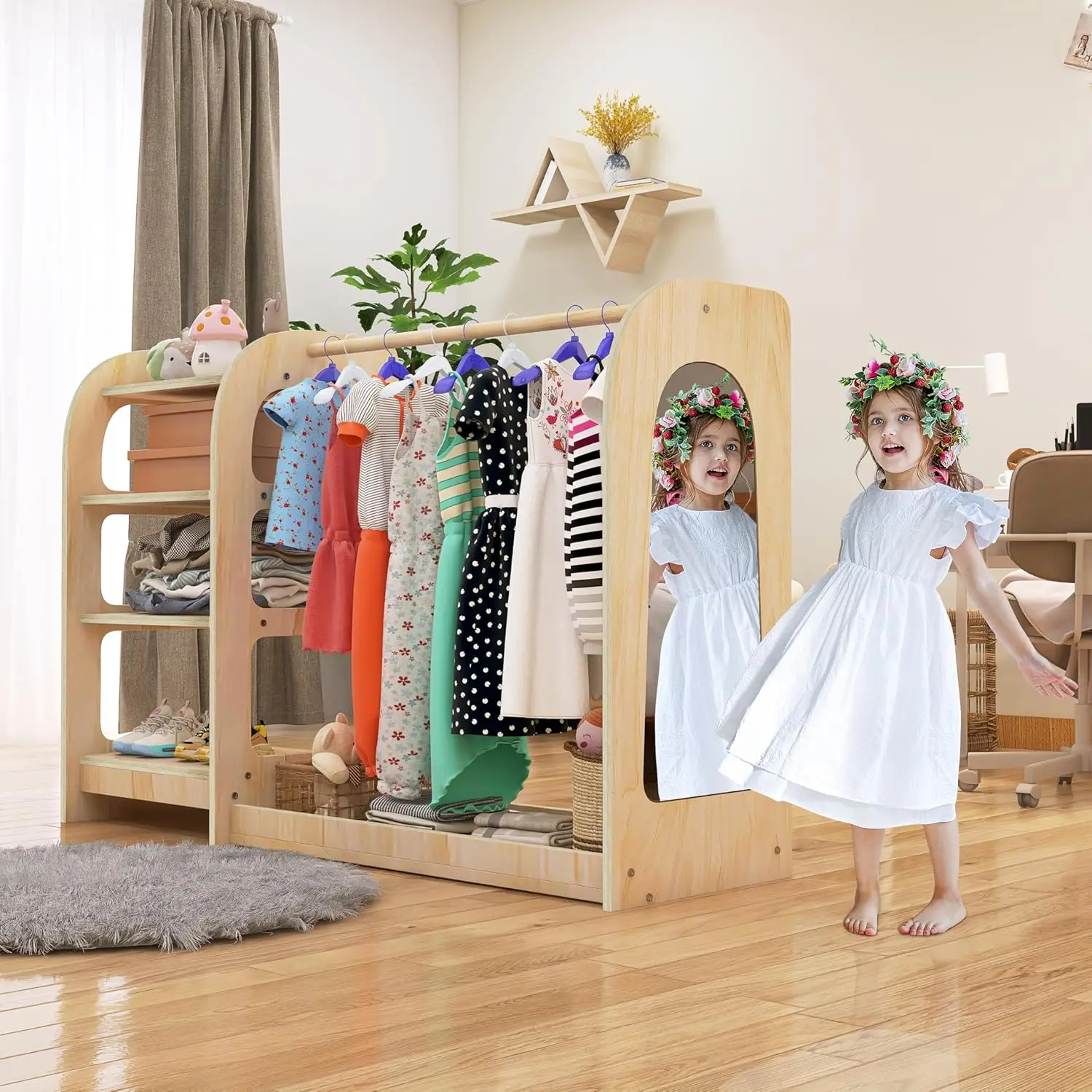 Up Storage with Mirror, Montessori Kids Dress Up Rack, Wooden Dress Up Storage Rack for Little Girls and Boys, Kids Costume Rack