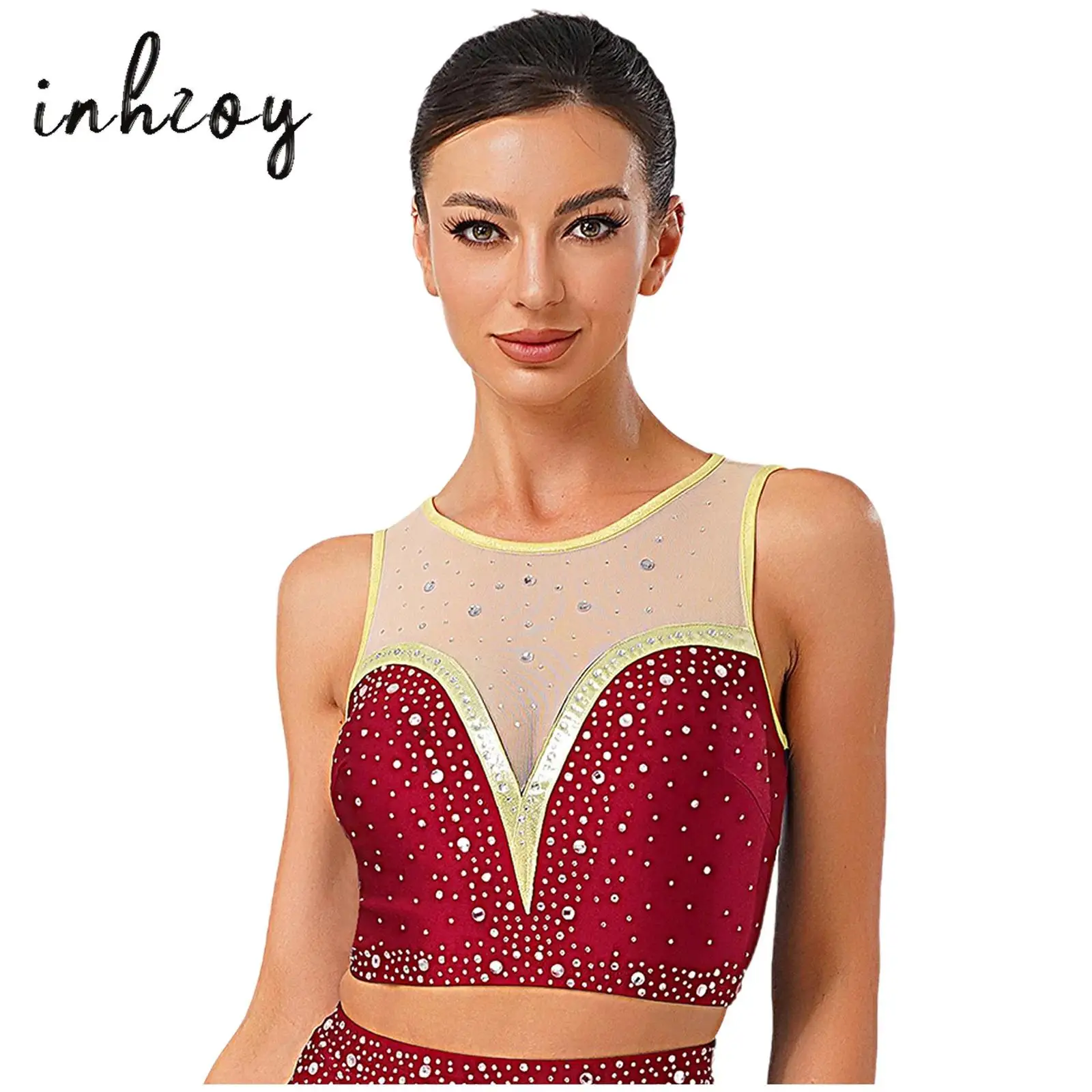 

Womens Lyrical Dance Crop Tops Sparkly Rhinestone Contrast Color Sleeveless Patchwork Crop Blouse Dancewear for Class Stage