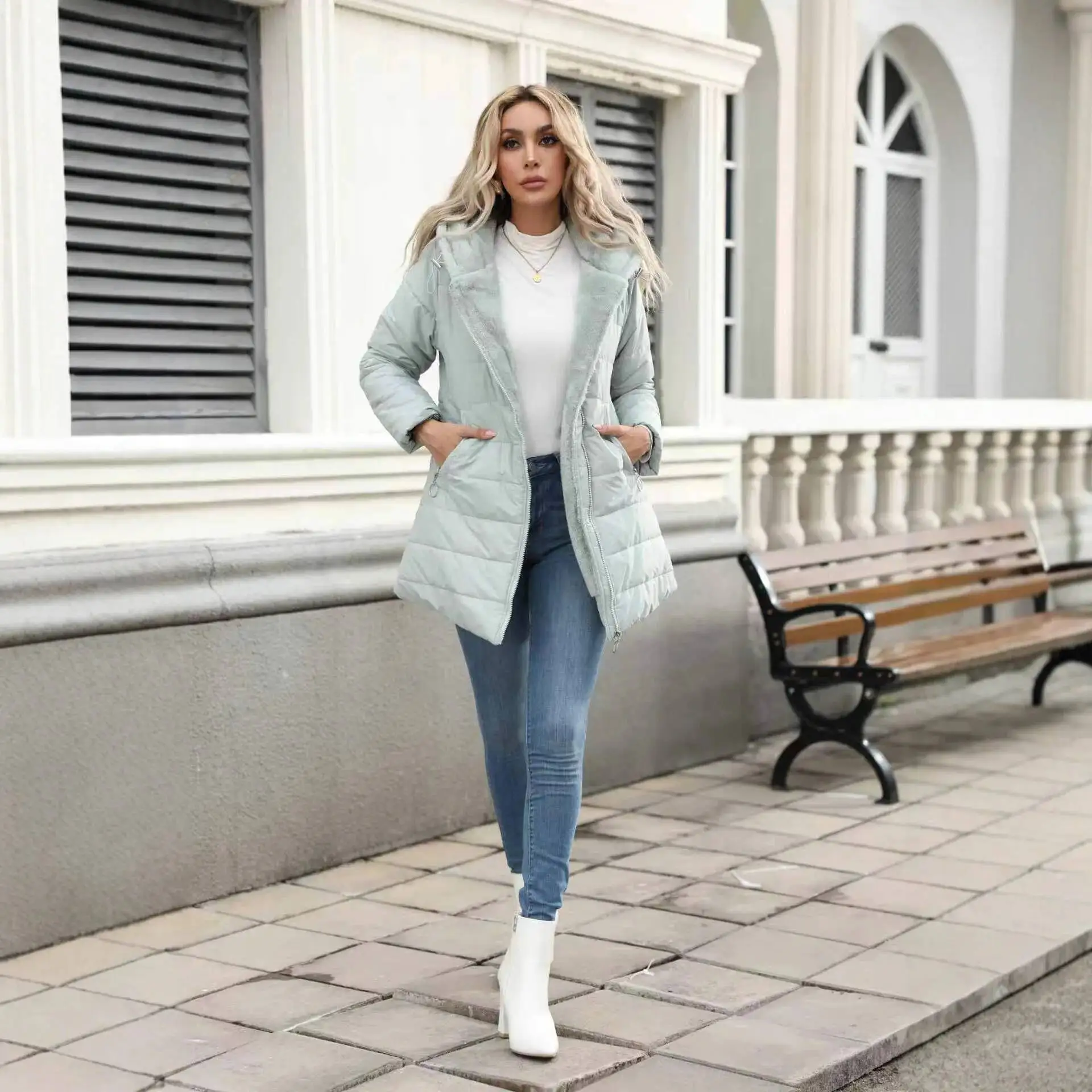 

Зимнее пальто с меховым воротником на молнии и длинными рукавами, приталенная теплая куртка с капюшоном для женщин