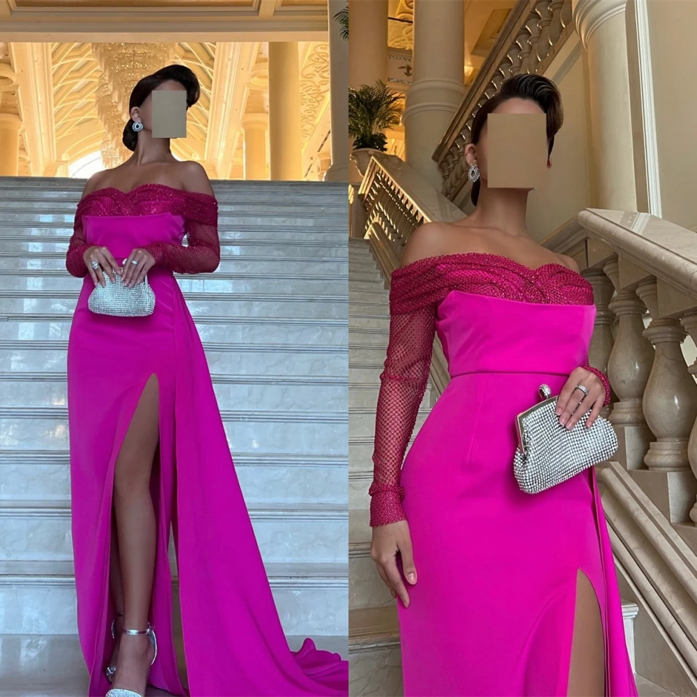 

Saudi Arabia Evening Jersey Sequined Ruched Beach A-line Off-the-shoulder Bespoke Occasion Gown Long Dresses