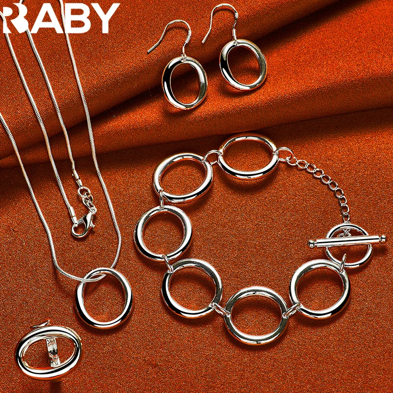 URBABY 925 Sterling Silver Round Circle O Necklace Bracelet Earrings Ring For Woman Wedding Engagement Party Jewelry Set